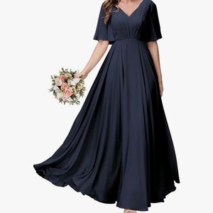 V-Neck Batwing Sleeves Chiffon Navy Blue Bridesmaid Dress Corset Back